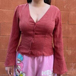 Burgundy red with small white polka dots deep v neck low cut blouse with long sl